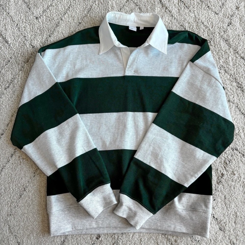TNA Aritzia Cotton Polo Light Grey and Green Scarab Stripe